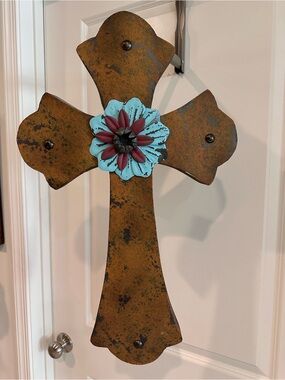 Authentic Texas Rustic Metal Cross Wall Decor with Turquoise Desert Flower - NWT